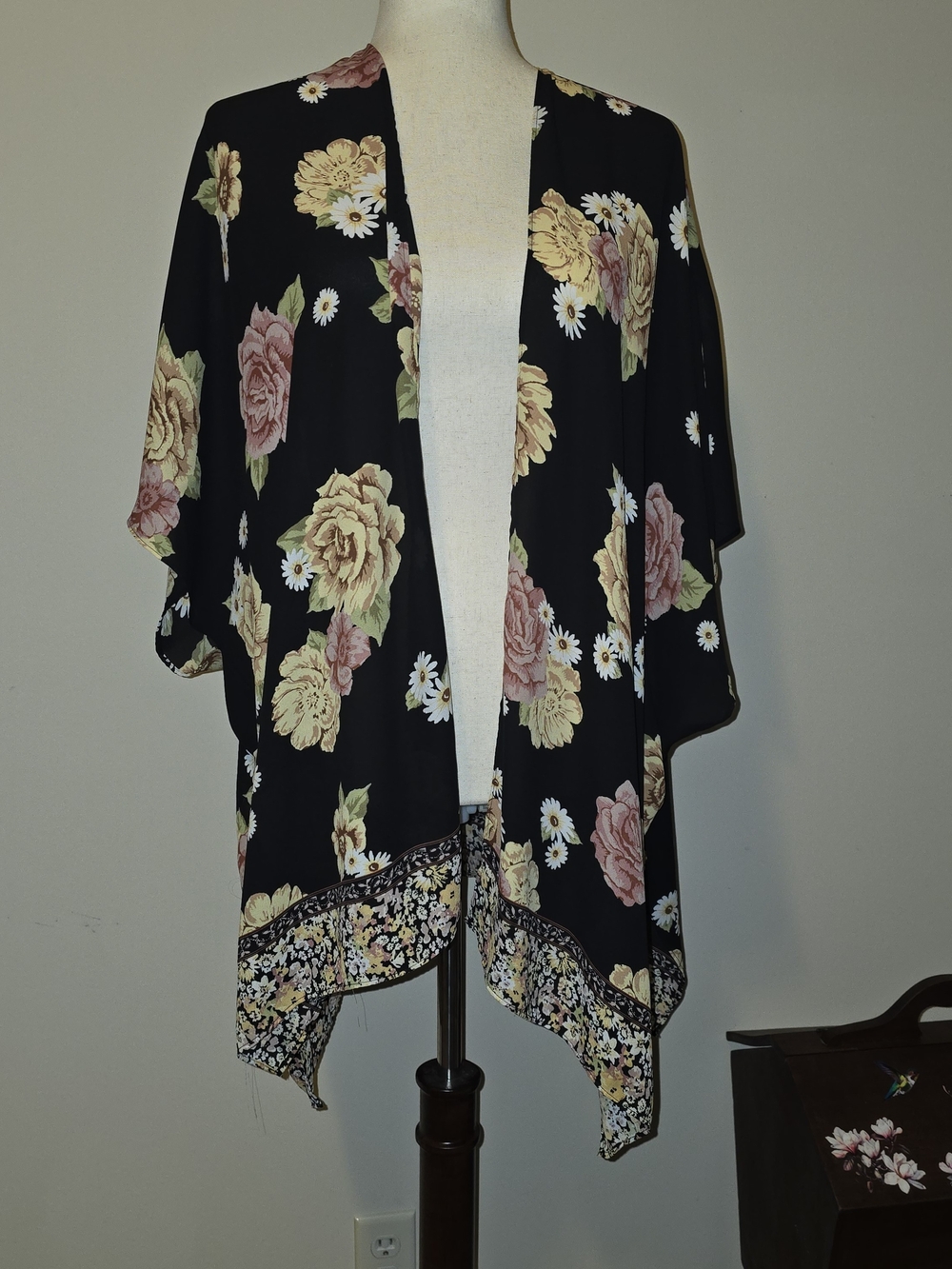 Maurices Black Floral Open-Front Kimono with Pink & Yellow Roses